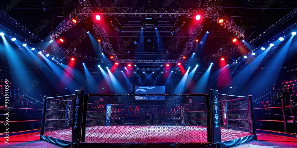 An empty professional martial arts arena with bright lights