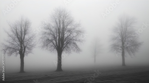 A serene monochromatic image captures a foggy landscape with four bare trees sparsely arranged across a grassy field. The dense fog creates a mystical, ethereal ambiance, obscuring the background and 