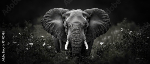  A black-and-white image of an elephant displaying tusks and ear tusklike structures photo