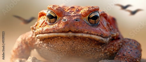  A crisp close-up of a frog Birds populate a clear, focused sky in the background A sharp foreground features a solitary bird photo