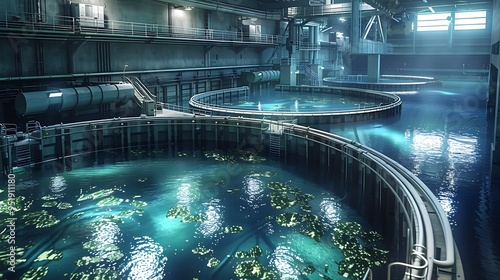 A highly realistic and detailed image of spent nuclear fuel being stored in a cooling pond, with the water glowing slightly from residual radiation, surrounded by the high-security infrastructure 