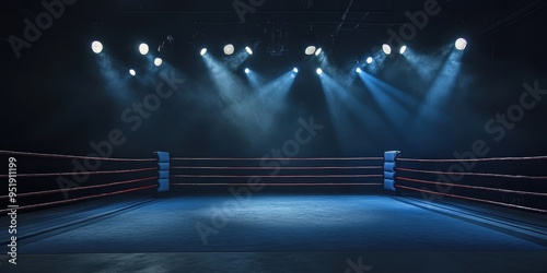 Illuminated empty wrestling ring ready for an upcoming match under bright spotlights