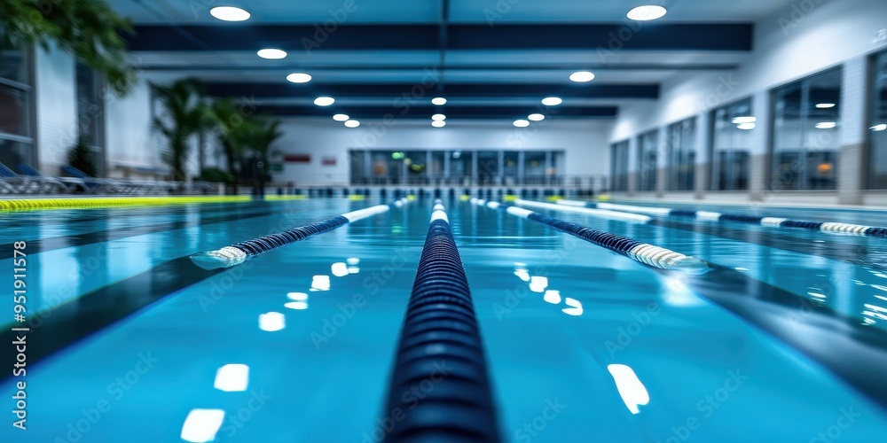Fototapeta premium Indoor swimming pool featuring neatly set lanes and reflective overhead lighting for a serene aquatic experience