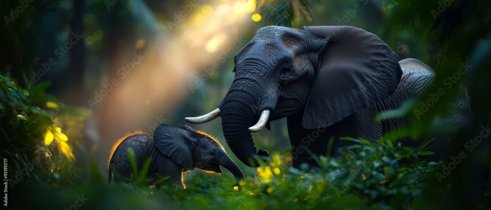 A baby elephant stands beside an adult one in a forest, sunlit leaves dappling their bodies as sunlight filters through the canopy A baby elephant stands beside an adult one in a forest, sunlit leaves dappling their bodies as sunlight filters through the canopy
