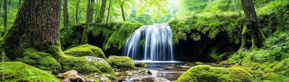 Obraz premium Hidden waterfall in an ancient forest, surrounded by moss-covered rocks and towering, old trees with a mystical vibe