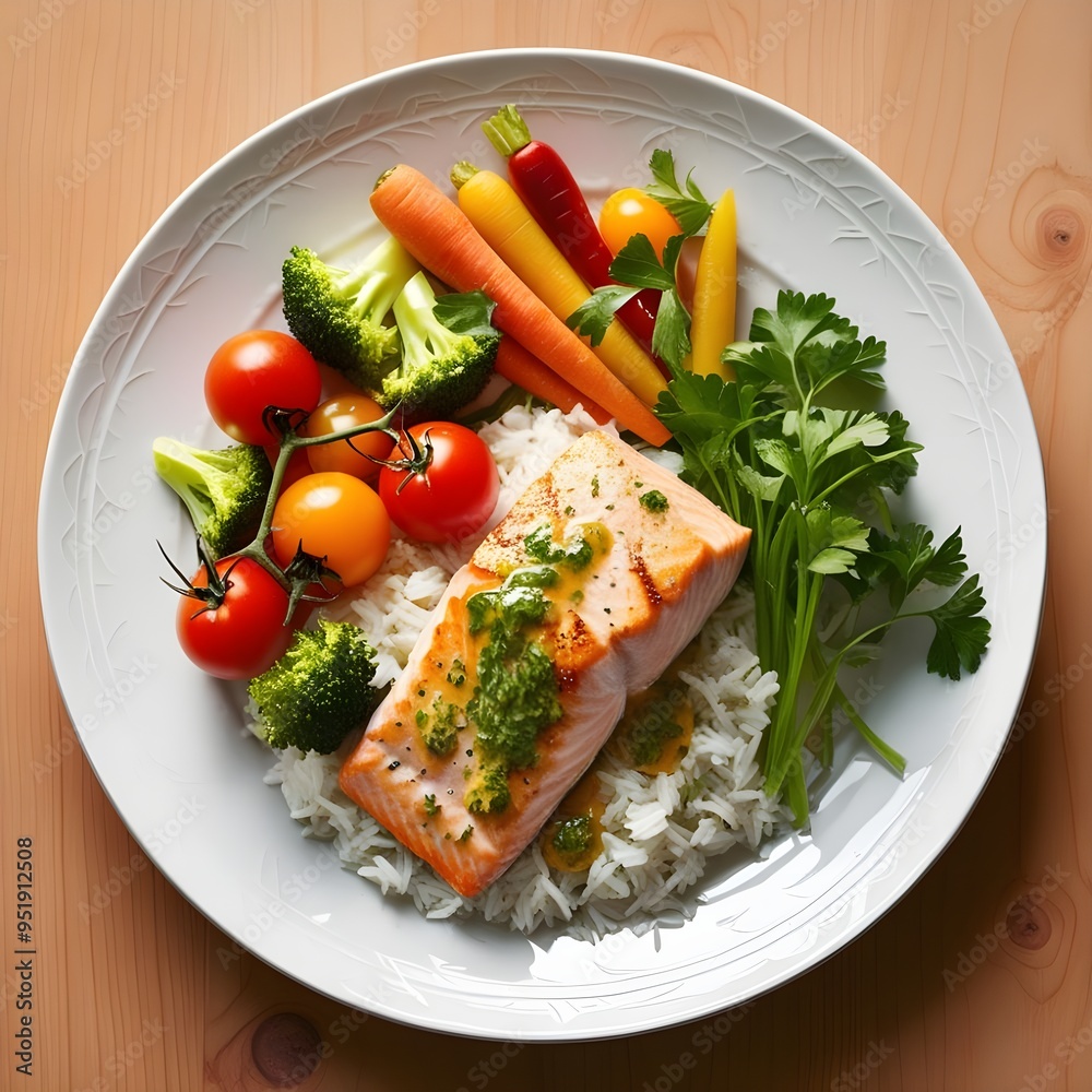 A plate of food featuring salmon, colorful vegetables, and a serving of rice, arranged appetizingly. A plate of food featuring salmon, colorful vegetables, and a serving of rice, arranged appetizingly.