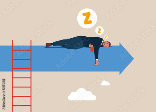 Human sleeping on progressive arrow graph. Symbol of power and success. Business finance. Modern flat vector illustration