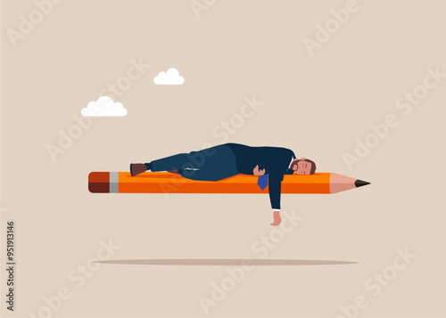 Businessman did a break, relax and sleeping on pencil. Modern flat vector illustration