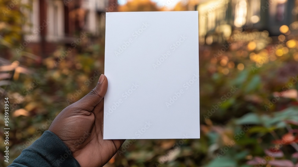 Blank White Card Mockup Held by Hand in Outdoor Setting Blank White Card Mockup Held by Hand in Outdoor Setting