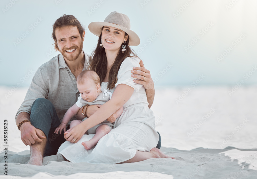 Parents, baby and smile in portrait at beach, relax and together on ground for play, care and vacation. Mother, father and infant boy on sand with connection, love and outdoor with sunshine in Italy Parents, baby and smile in portrait at beach, relax and together on ground for play, care and vacation. Mother, father and infant boy on sand with connection, love and outdoor with sunshine in Italy