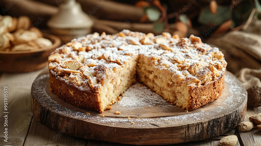 Sbrisolona almond crumble cake, garnished with powdered sugar, on a rustic wooden board with a countryside backdrop Sbrisolona almond crumble cake, garnished with powdered sugar, on a rustic wooden board with a countryside backdrop