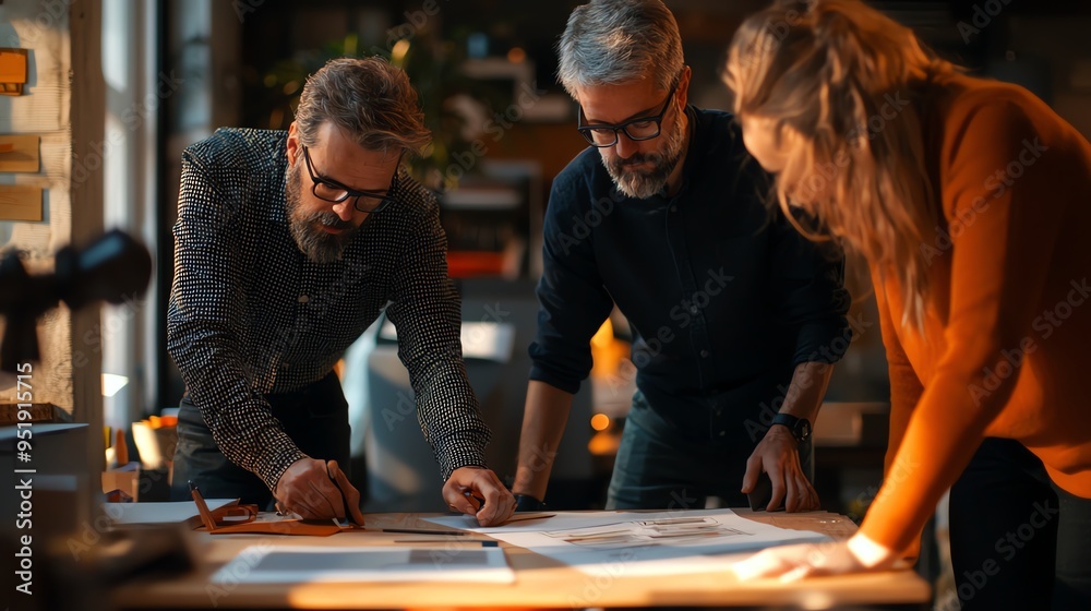 Three colleagues collaborate on a project, reviewing documents and plans in a modern office space with focused expressions. Three colleagues collaborate on a project, reviewing documents and plans in a modern office space with focused expressions.