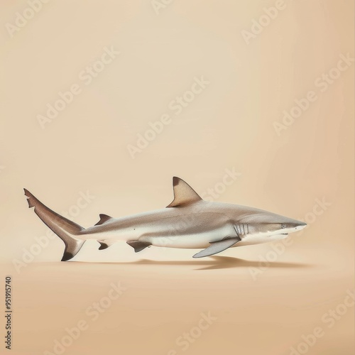 Medium shot of back view Shark, isolated on a light solid color background 
