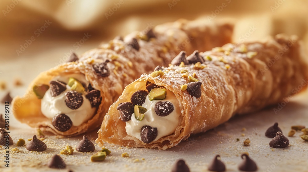 Sicilian cannoli with pistachio and chocolate chips, set against a warm, golden-hued backdrop Sicilian cannoli with pistachio and chocolate chips, set against a warm, golden-hued backdrop