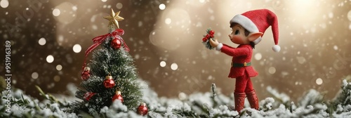 Adorable elf decorating a tiny Christmas tree