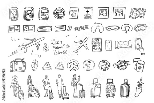 Large set of travel theme in doodle style. Woman and man with suitcase. Baggage, plane, fly, ticket, flight, boarding pass, view from the window, postage stamp, passport stamp, passport. Hand drawn
