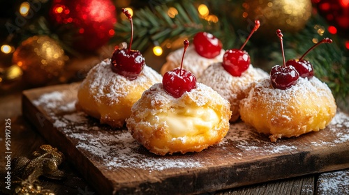 Zeppole di San Giuseppe filled with custard and topped with cherries, on a rustic wooden board with a festive backdrop photo