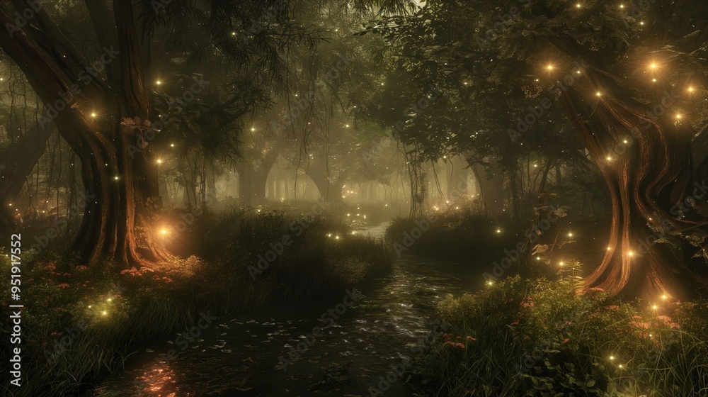 Fototapeta premium the dark mistery forrest glow by firefly
