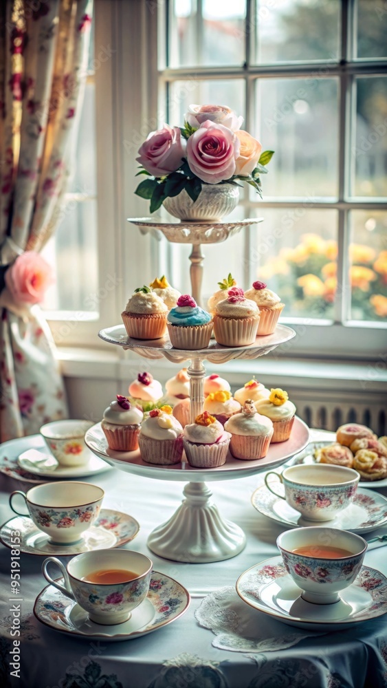 Fototapeta premium A beautifully set table features an elegant afternoon tea arrangement.