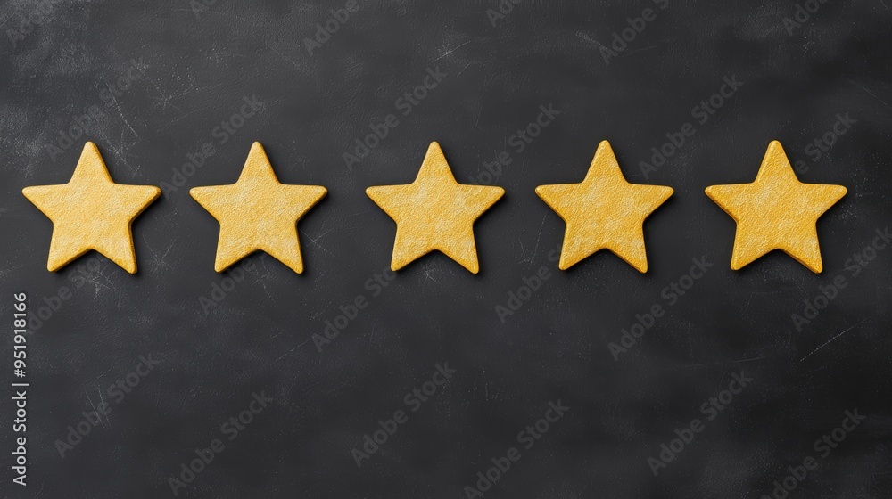 Fototapeta premium Five gold stars on blackboard background Five gold stars neatly arranged in a row on a blackboard background, symbolizing high quality, excellence, and top ratings