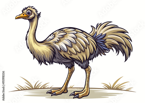 cartoon vector illustration of ostrich, white isolated background , countryside farm life