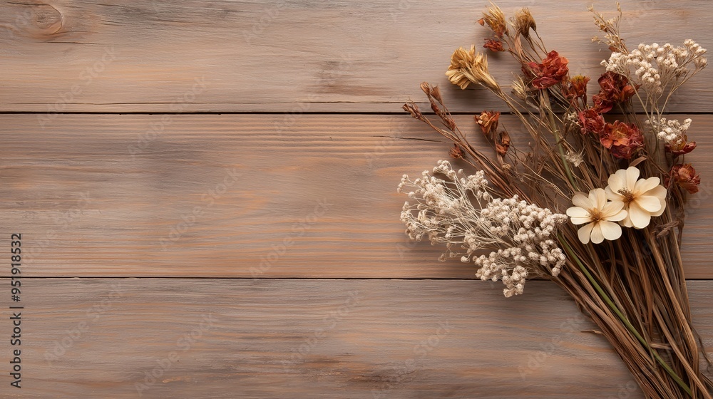 Rustic Autumn Bouquet: Dried flowers in warm hues lie on a weathered wooden background, with ample copy space for your message. Rustic Autumn Bouquet: Dried flowers in warm hues lie on a weathered wooden background, with ample copy space for your message.