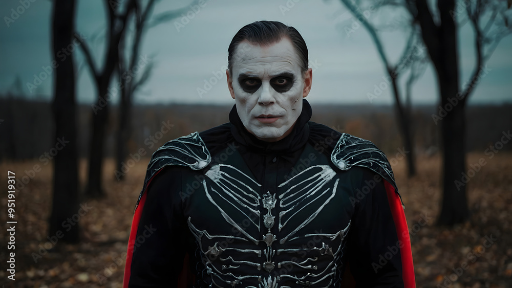 Man with makeup and halloween costume against the backdrop of a gloomy dark forest Man with makeup and halloween costume against the backdrop of a gloomy dark forest