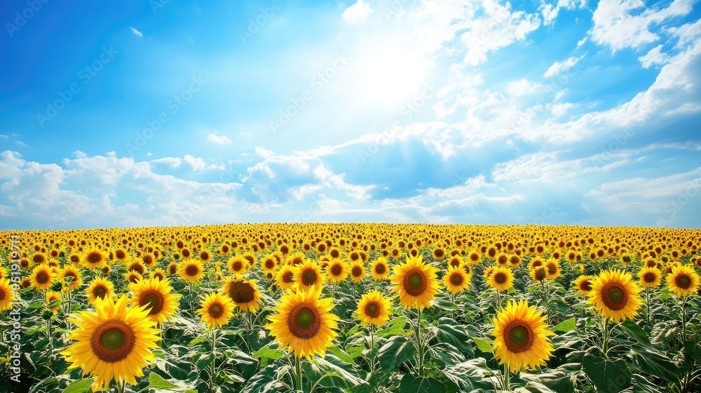 Obraz premium A vast field of sunflowers under a bright blue sky, illustrating the beauty and abundance of Earth flora