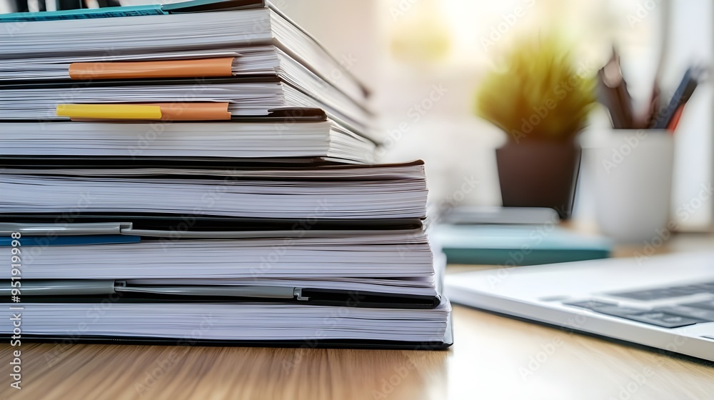Stack of Papers on Desk with Laptop and Plant in Background. Stack of Papers on Desk with Laptop and Plant in Background.