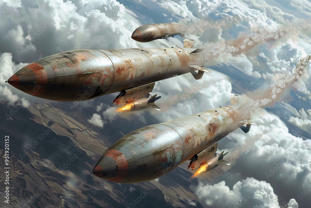 Obraz premium Three rusty nuclear missiles are flying over land while leaving a trail of smoke