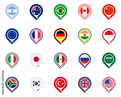 map pin icon set of 20 countries. vector illustration isolated on white background