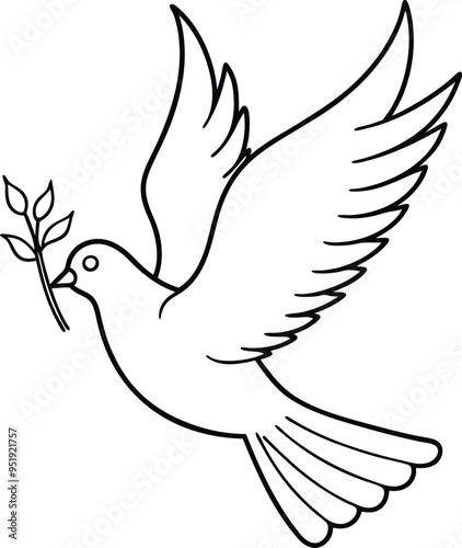 A minimalist line art depicting a dove soaring gracefully with a twig showcasing purity and the spirit of peace