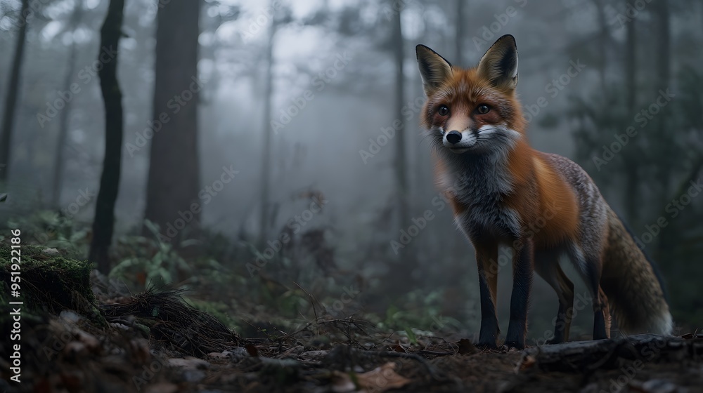 Fox in a foggy forest with dark lighting. Fox in a foggy forest with dark lighting.
