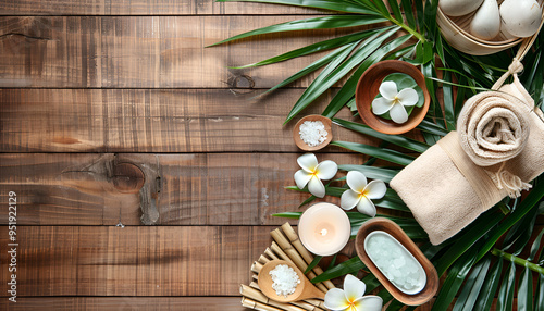 Beautiful spa setting on palm leaf on wooden table photo