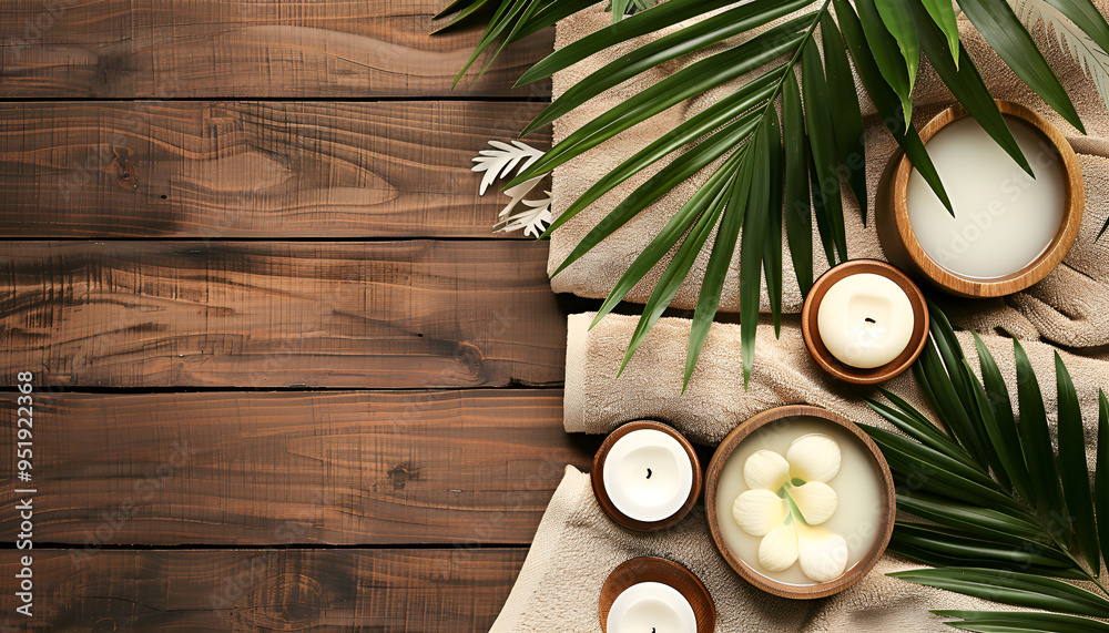 Beautiful spa setting on palm leaf on wooden table