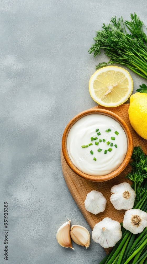 This bowl of ranch dressing, enriched with fresh chives, garlic, and lemon, sits invitingly on a grey countertop, perfect for enhancing your next meal. This bowl of ranch dressing, enriched with fresh chives, garlic, and lemon, sits invitingly on a grey countertop, perfect for enhancing your next meal.
