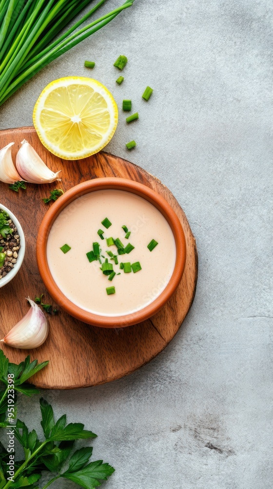 This bowl of ranch dressing, enriched with fresh chives, garlic, and lemon, sits invitingly on a grey countertop, perfect for enhancing your next meal. This bowl of ranch dressing, enriched with fresh chives, garlic, and lemon, sits invitingly on a grey countertop, perfect for enhancing your next meal.