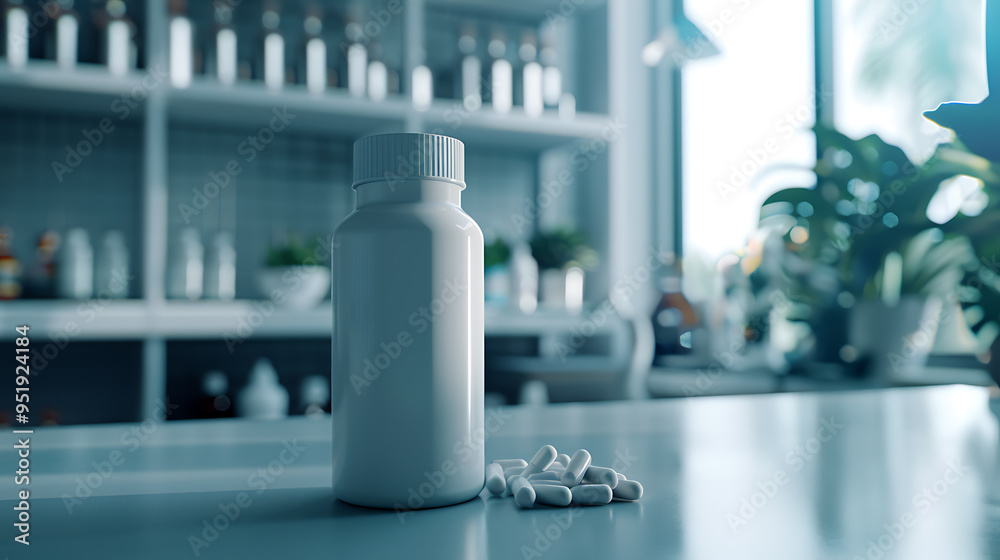 A white pill bottle and a pile of white pills on a table in a lab setting. A white pill bottle and a pile of white pills on a table in a lab setting.