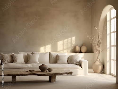 Wabi sabi and japandi japanese style rustic interior in in white and neutral with wood, pottery and texture elements