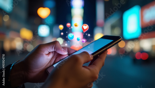 A close-up view of hands holding a smartphone at night, with colorful social media reaction icons against a blurred city background 