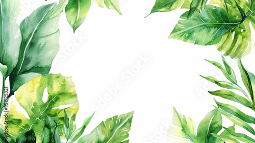 Aesthetic watercolor frame with green tropical leaves, copy space, light background, foliage template. Generative AI