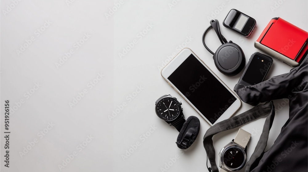 Various shopping bags and electronics clothing accessories in black color scattered on white background with empty space for text surround the objects Various shopping bags and electronics clothing accessories in black color scattered on white background with empty space for text surround the objects