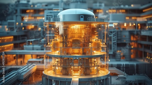 A visually captivating illustration of a next-generation nuclear fission reactor, such as a Small Modular Reactor (SMR), highlighting its compact design, advanced safety features, and potential  photo