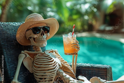 A fun Halloween scene featuring a skeleton lounging by the pool with a drink. Perfect for Halloween-themed parties or decoration ideas, with copy space.
