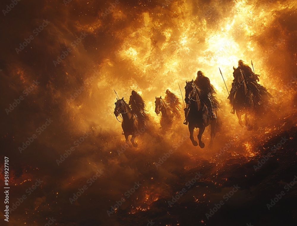 Fototapeta premium A striking Halloween-themed image featuring the Four Horsemen of the Apocalypse against a fiery background, perfect for dramatic Halloween promotions or events, with copy space.