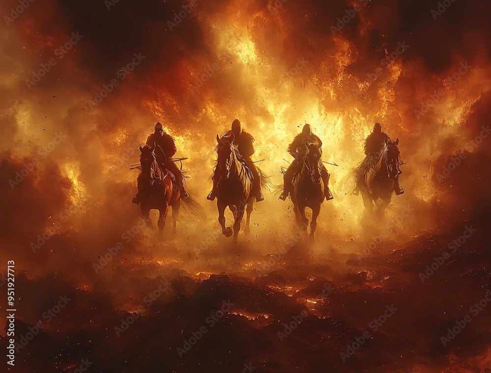 Fototapeta premium A dramatic interpretation of the Four Horsemen of the Apocalypse amidst fiery flames, perfect for Halloween promotions, events, or themed parties with copy space.