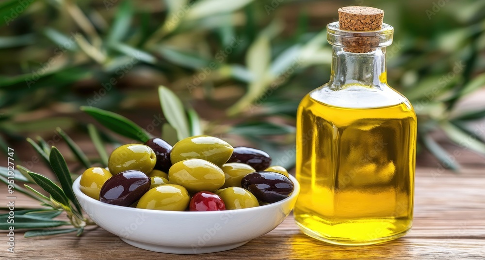 A beautiful display of olives accompanied by olive oil and fresh green leaves, set on a rustic wooden table, adding a touch of Mediterranean charm and inviting warmth A beautiful display of olives accompanied by olive oil and fresh green leaves, set on a rustic wooden table, adding a touch of Mediterranean charm and inviting warmth