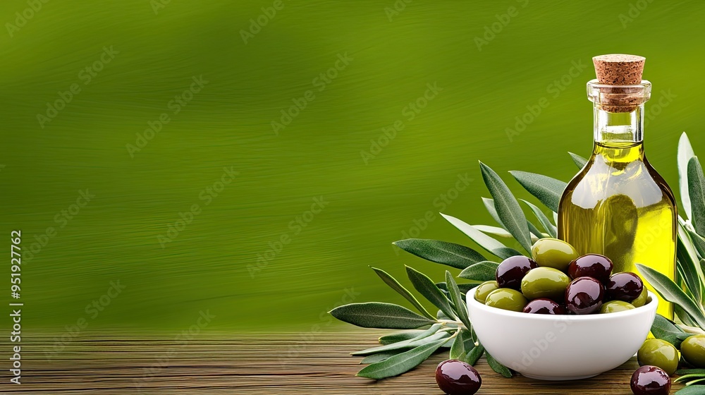 A beautiful display of olives accompanied by olive oil and fresh green leaves, set on a rustic wooden table, adding a touch of Mediterranean charm and inviting warmth A beautiful display of olives accompanied by olive oil and fresh green leaves, set on a rustic wooden table, adding a touch of Mediterranean charm and inviting warmth