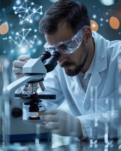Scientist analyzing samples with protective gear under microscope in genetic research laboratory