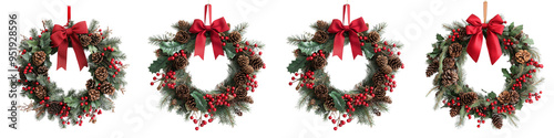 set of A beautiful wreath made of red berries, brown pine cones, and green leaves with an elegant bow on top, hanging from the wall. Christmas decorations on a transparent background photo